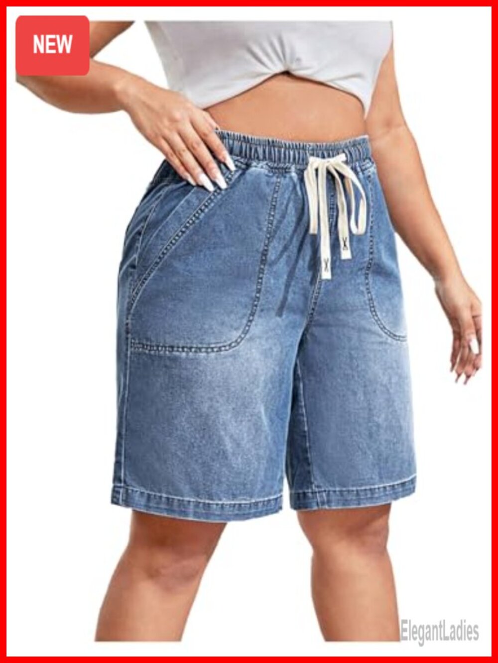 Plus Size Drawstring Waist Wide Leg Denim Bermuda Shorts with Pockets